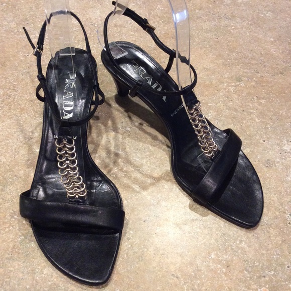 Prada Shoes - PRADA BLACK LEATHER BRONZE CHAIN SANDAL